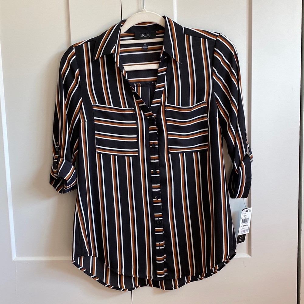 Macy's BCX Womens button down black with brown and white stripe 3/4 sleeve XS